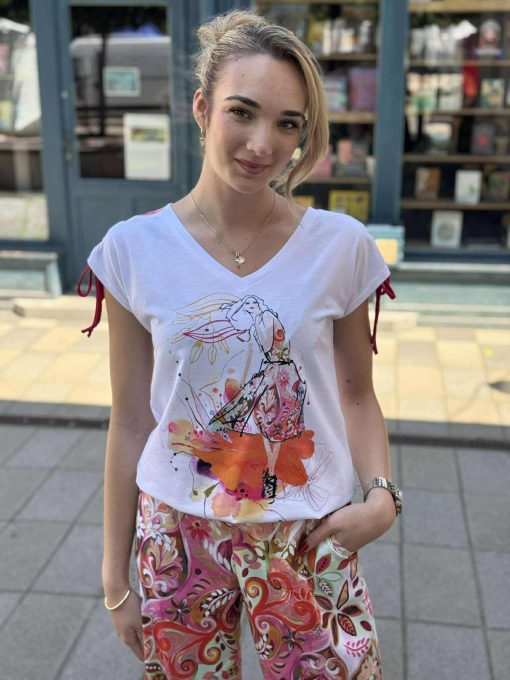 Livello fehér pink mintás V nyakú vállán húzott felső - Image 2