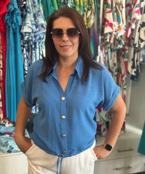 Livello aqua/ kék rövidujjú, galléros, gombos megkötős blúz