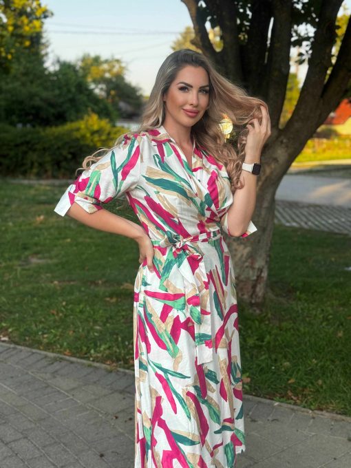 Livello pink-drapp-fehér mintás galléros, átlapolt derékban hátul megkötős ruha - Image 2