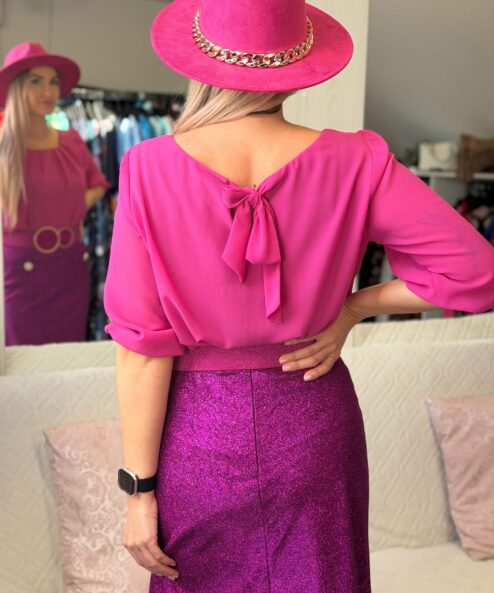 Alternative view of Livello fuxia színű kerek nyakú hátul megkötős blúz