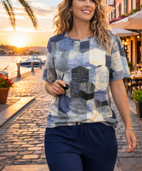 Navigazione mintás rövidujjú felső jeans