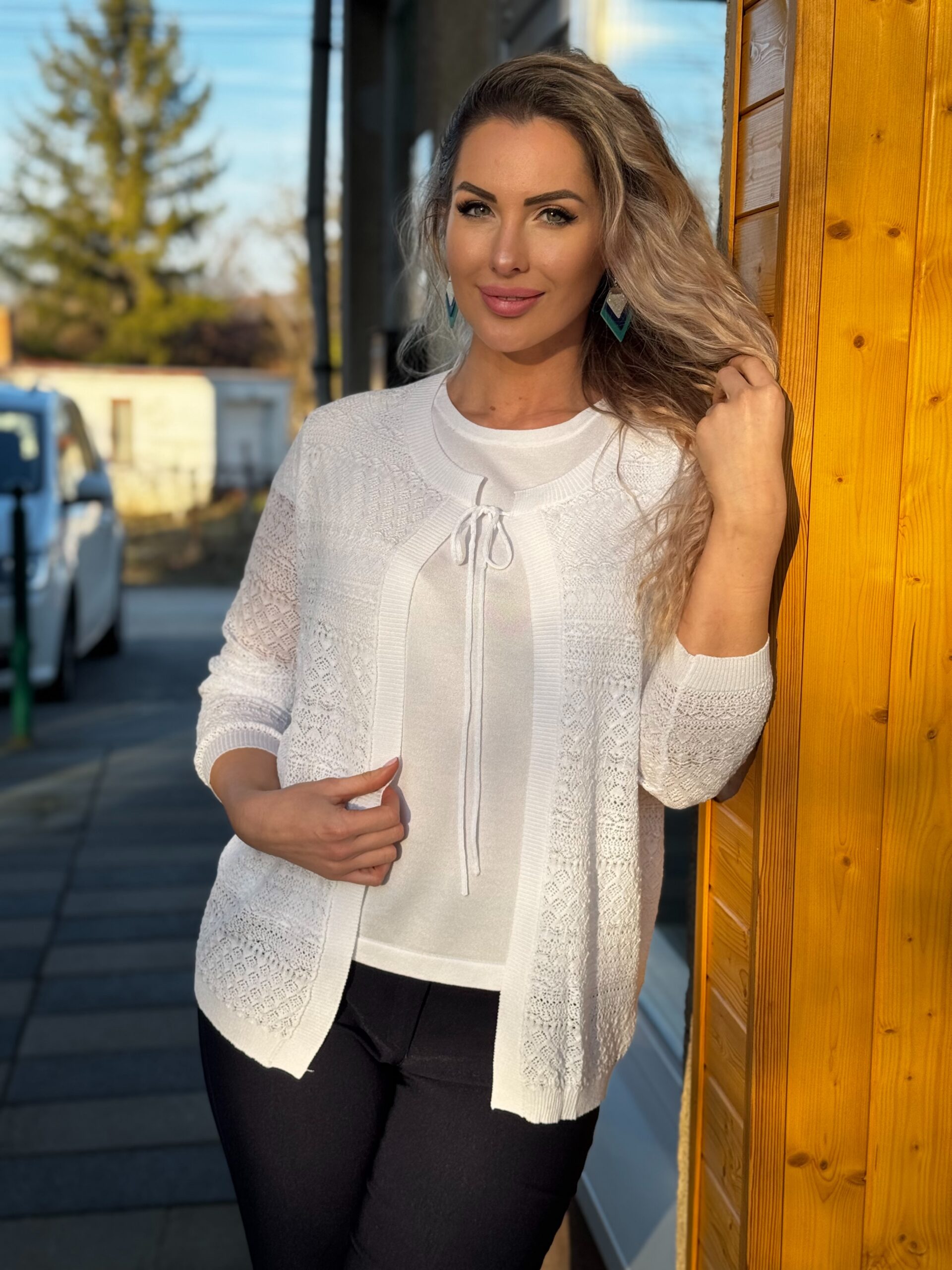 Navigazione fehér kötött könnyű kardigán