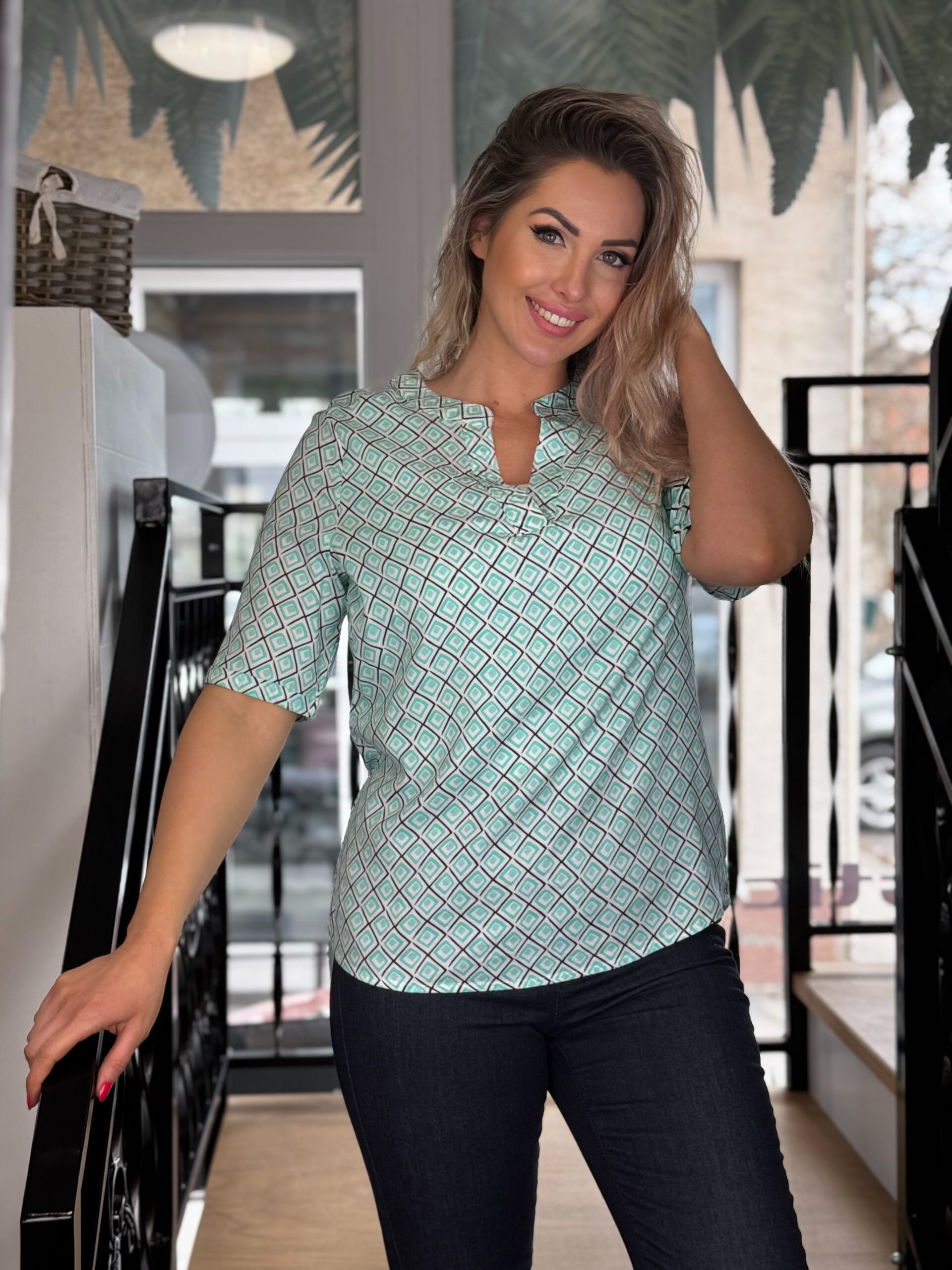 Navigazione türkiz mintás viszkóz tunika