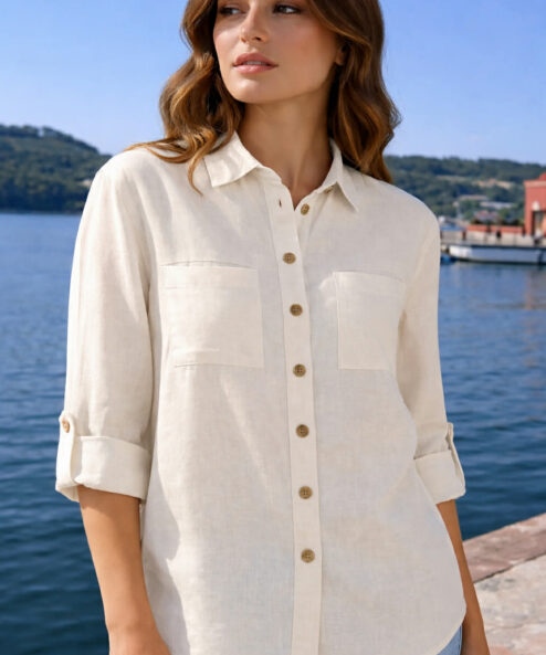 Navigazione rugalmas lenvászon blúz felhajtható fehér