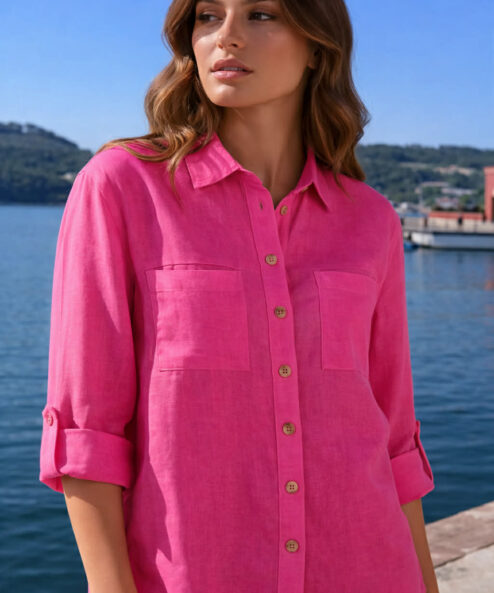 Navigazione rugalmas lenvászon blúz felhajtható pink
