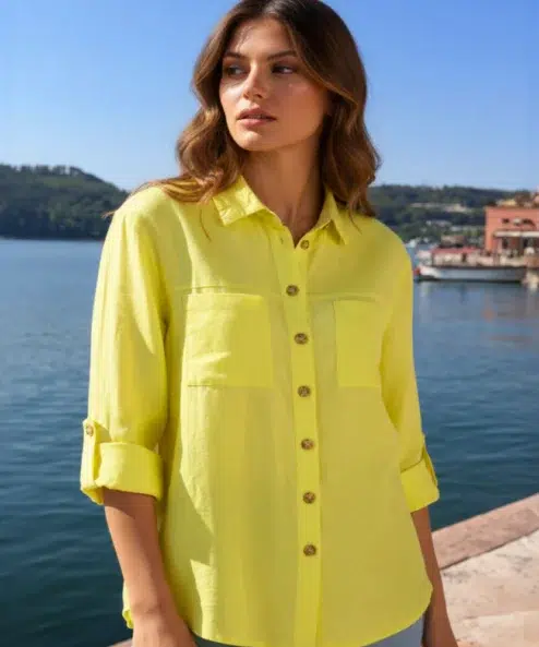 Navigazione rugalmas lenvászon blúz felhajtható sárga