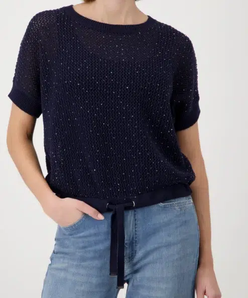 Monari Ajour kötött pulóver strasszokkal sötétkék