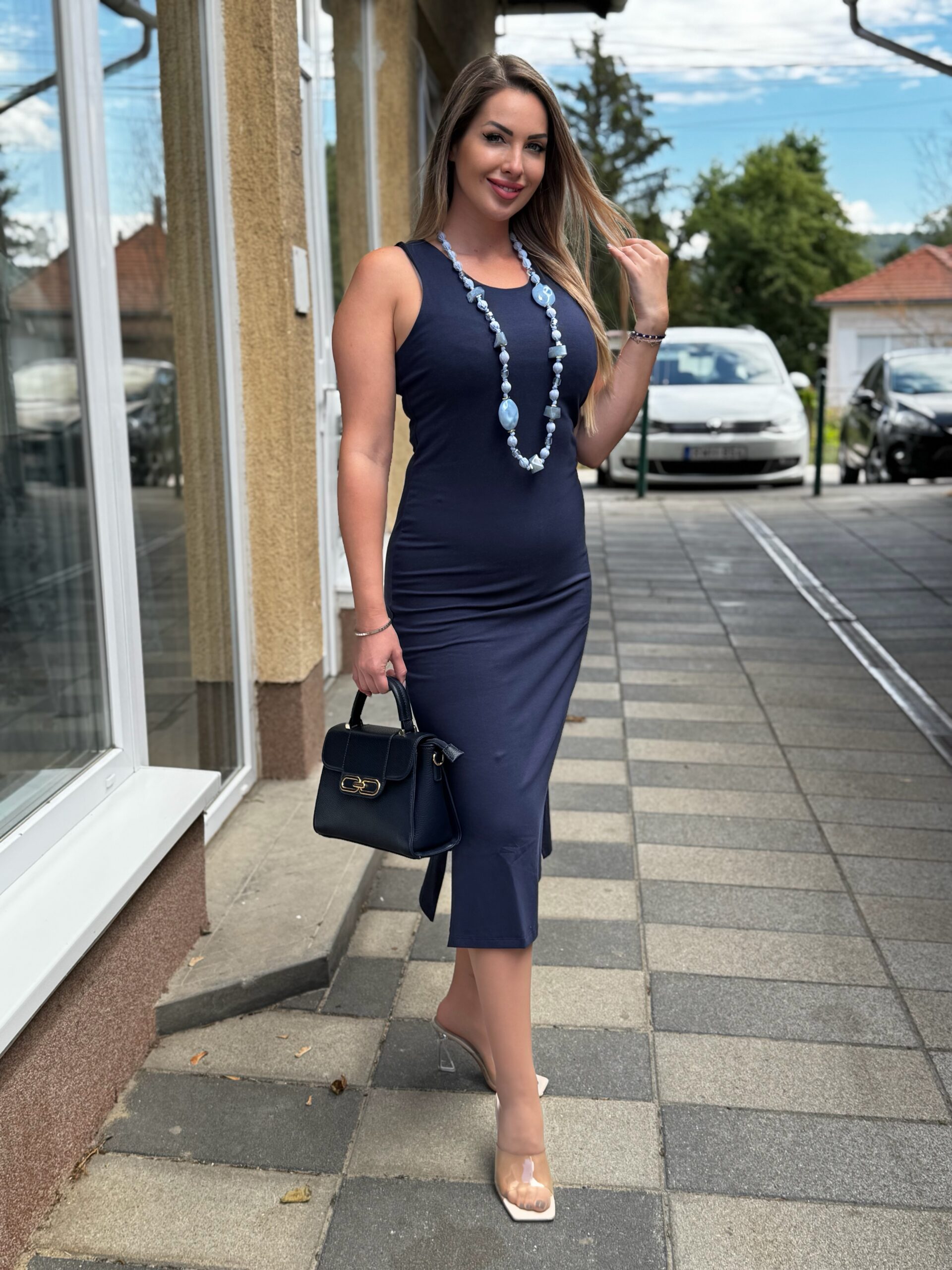 Dolcezza ujjatlan Pamut midi ruha sötétkék